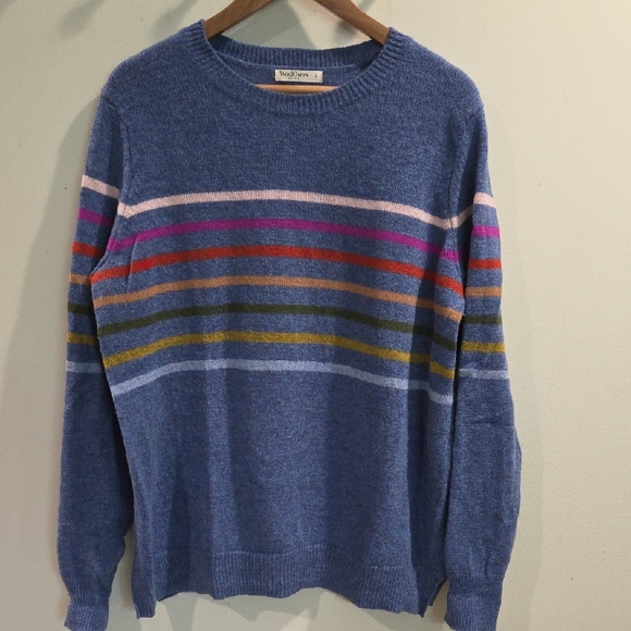 WoolOver Men's Blue Striped Crewneck Sweater Made In Britian - Picture 1 of 7